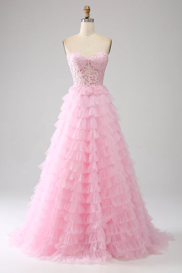 Pink A-Line Strapless Tiered Long Corset Ball Dress